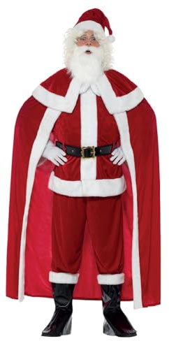 Smiffys Deluxe Santa Claus Costume, Red – Premium Adult Christmas Fancy Dress Outfit with Jacket, Trousers, Cape, Belt, Boot Covers, Gloves, Beard and Hat, Parties, Grottos and Festive Events, Large