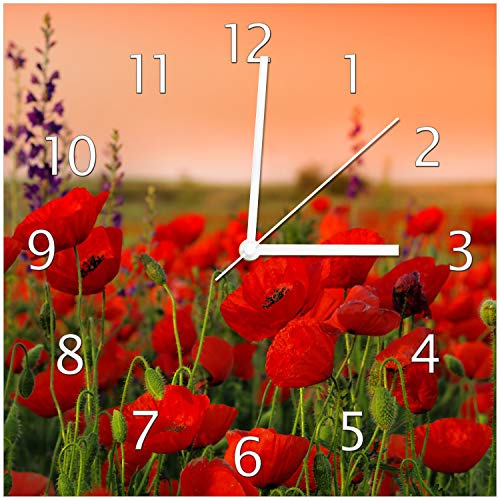 Wallario Design-Wanduhr Mohnblumen auf dem Feld aus Glas, Motiv-Uhr Größe 30 x 30 cm, weiße Zeiger