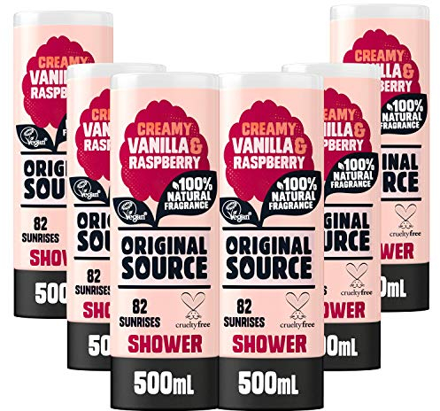 Original Source Vanilla Milk and Raspberry Shower Gel, 100 Percent Natural Fragrance, Vegan, Cruelty Free, Paraben Free, Bulk Buy, Pack of 6 x 500 ml