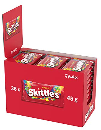 SKITTLES Bonbons Goût Fruits Cassis Citron Orange Fraise 36x45g | Bonbons fruités moelleux à coque croustillante dans un arc-en-ciel de saveurs, le plaisir coloré en Grand format à partager