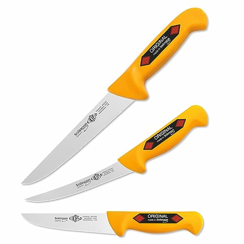 EIKASO Solingen 3-Teiliges Profi Messer Set geeignet als Metzgermesser, Fleischermesser, Schlachtermesser, Ausbeinmesser & Kochmesser aus Molybdänstahl 1.4116 für Profis und Privat (Gelb)