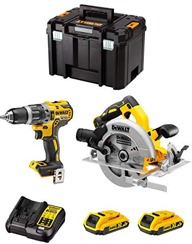 DeWALT Kit DWK203 (Taladro Percutor DCD796 + Sierra Circular DCS570 + 2 Baterías de 2,0 Ah + Cargador + TSTAK VI)