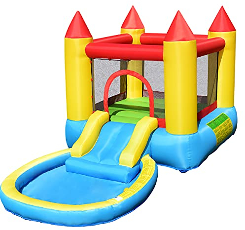 GIANTEX Hüpfburg Wasserpark aufblasbar, Spielburg Ritterburg mit Wasserrutsche, Spielpool Wasserspielcenter für 2 Kinder, Hüpfschloss Spring-Schloss Outdoor groß 365x200x190 cm (ohne Gebläse)