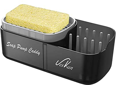 Dispensador de jabón de Cocina para Estropajo. Soporte de Estropajo con dispensador Semi-automático de jabón de Cocina con Compartimento Lateral Organizador con separadores para Utensilios de Cocina