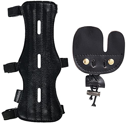 Huntingdoor Bogenschießen Armschutz Fingerschutz Set Bogensport Leder Lang Armschoner Fingerlasche Kit Schutzausrüstung Rechtshänder Bogen Zubehör für Bogen Zielübung
