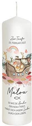 Scheinvoll® Taufkerze Arche Noah mit Regenbogen personalisiert - 25 x 8 cm Modell Malou - Geschenk zu Taufe