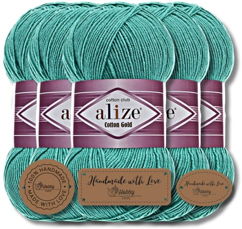 Hobby YARN 3x Etikettenlabel mit Alize Cotton Gold Wolle Premium 5x100g als Set, Yarn, Garn, Sommerwolle, Baumwolle, Strickgarn, Einfarbig, Baby, Kleidung, Schals (Jade - 610)