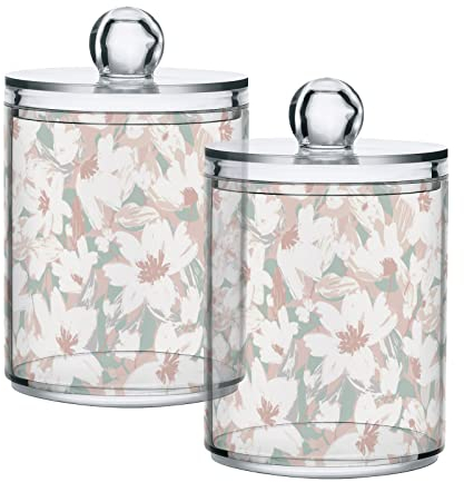 linqin Qtip Halter für Wattestäbchen, Badesalz, Baumwollrund, 284 ml, transparentes Kunststoff-Qtip-Glas mit Deckel für Badezimmer, Wattestäbchenhalter, helle Farben, Blumen-Organizer, 4 Stück