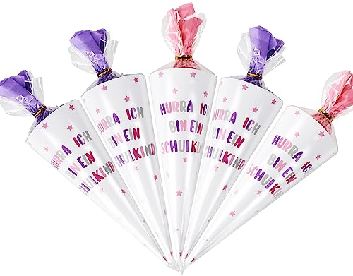 10 Stück Kleine Schultüten 20cm zur Einschulung für Mädchen Rosa Schultüte Bastelset Zuckertüten zum Befüllen Geschwisterschultüte für Schulkind Schulanfang Einschulungsfeier Junge und Mädchen usw.