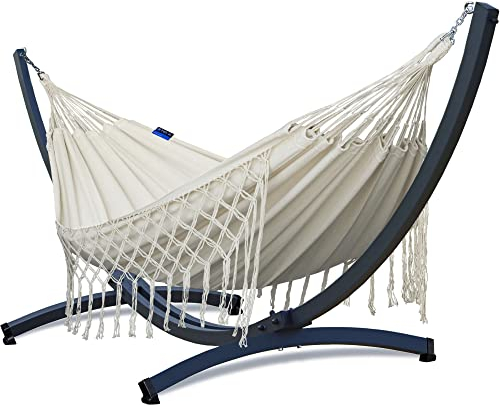 Potenza Outdoor Hängematte mit Gestell für 2 Personen I Medelin - 100% Baumwolle Doppelhängematte 230x160, 200kg I Hängemattengestell 350 kg, wetterfest (Basic Gestell Graphit, Medellin Creme)
