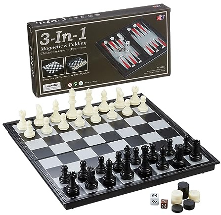 Relaxdays Schackspel, 3-i-1 resespel för schack, dam och backgammon, magnetisk, BT: 32 x 32 cm, vikbar, svart/vit