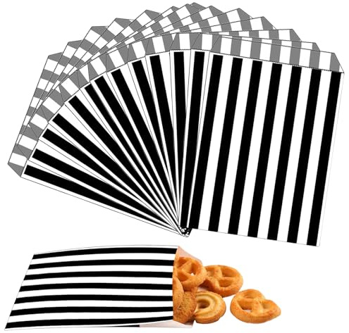 COSORO 100pcs 5x7'' Black Striped Paper Sweet Bags Candy Bags,Stripe Paper Bag for Sweet Treat Bag Party Bags for Kids Girls Boys Christmas Halloween Wedding Birthday Party Buffet Confectionery Stall