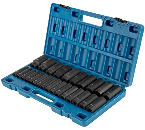 VEVOR Jeu de Douilles à Choc 1/2 26PCs, Douilles à Impact Métriques Profondes 10-36 mm, 6 Pans en Acier Allié Cr-V, avec Mallette de Transport, pour Réparation Auto