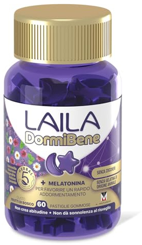 Laila DormiBene 60 Gommose, Integratore per dormire, Senza Zuccheri | Con Melatonina e Herbal 5 Complex (Valeriana, Ashwagandha, Melissa e Lavanda), adatto ai vegani, Gusto Frutti di Bosco