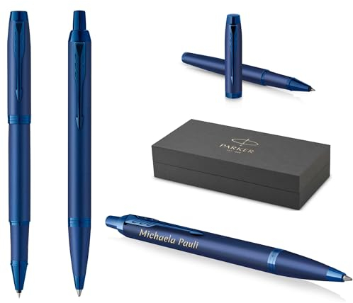 PARKER Schreibset IM Professionals Monochrome Kugelschreiber und Tintenroller mit Gravur | Premium Stift | Geschenkbox | personalisiert | graviert | Jahrestag | Geburtstag (Blue)