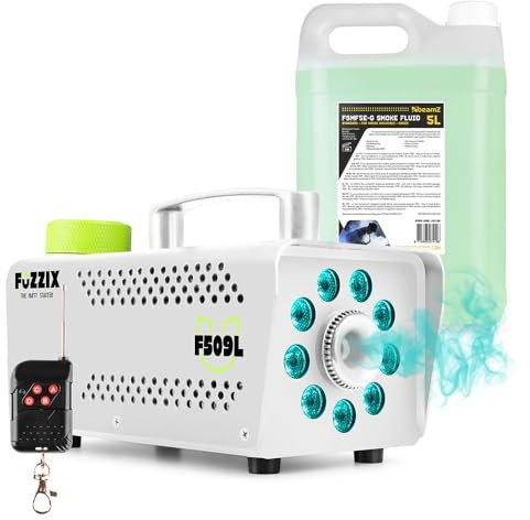 Fuzzix F509LW Smoke Machine with Built-in RGB LED Lights, Wireless Remote Control and 5L Green Fog Fluid for Halloween House Party