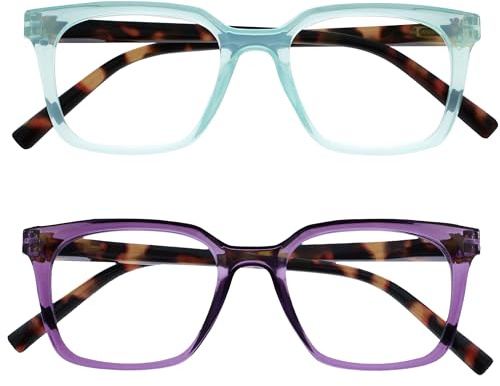 OPULIZE KOI Gafas de Lectura Pack de 2 - Elegante Marco Rectangular Ancho - Violeta/Turquesa - Hombre Mujer - Bisagras de Muelle - RR50-5Q - +1.00