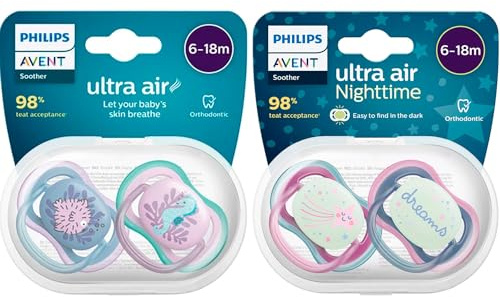 Philips Avent Ultra Air Day und Night Schnuller für Babys, von 6 bis18 Monate, 4 Stück, Transport- und Sterilisationsbehälter, 6-18 M
