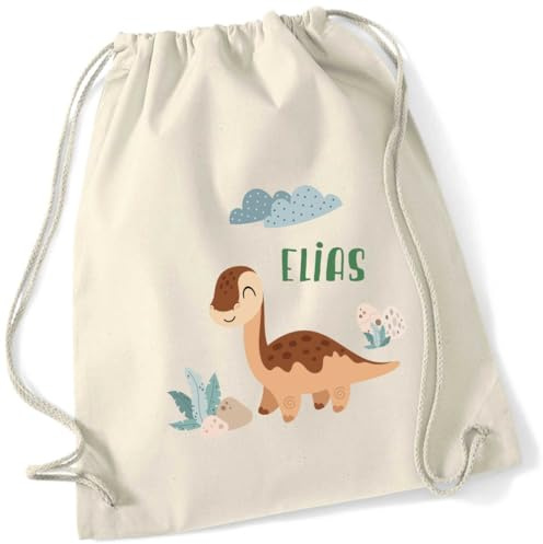 minimutz Geschenk Turnbeutel Dinosaurier - Personalisiert mit Namen - Kinder Stoffbeutel Rucksack zum Zuziehen - Sportbeutel zum Zuziehen - 12L - 37x46cm (natur)