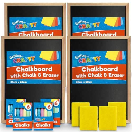 SOL 4pk Chalkboard with Chalk & Eraser Set, 21 x 28cm Small Chalkboard for Kids, Lightweight, Portable Blackboard Wooden Frame, Wall Mounting, Ideal for Home, Office, Classrooms & Creative Drawings