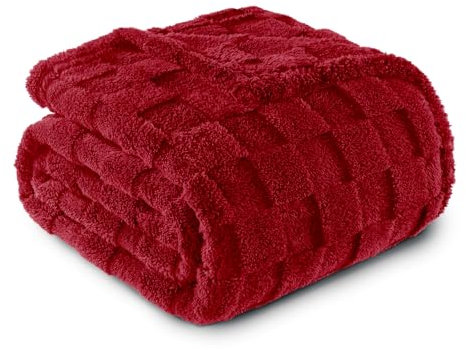 Exclusivo Mezcla Fleece Throw Blanket for Couch,Super Soft and Warm Lightweight Checkered Pattern Blankets for All Seasons, 127x152 CM, Deep Red