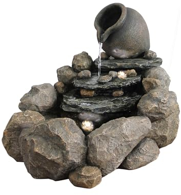 Dehner Gartenbrunnen Soltero, Solarbrunnen frostbeständig, Brunnen für Außen, mit LED Beleuchtung, ca. 54.4 x 69 x 57.8 cm, Polyresin, grau