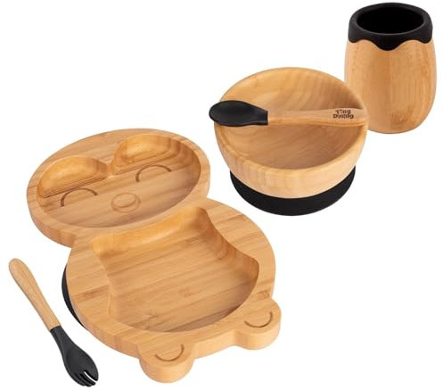 Tiny Dining 5pc Schwarz Bambus-Pinguin-Baby-Entwöhnungsset - Kleinkind Kinder Essen Fütterung Teller Platte Schüssel Löffel Besteck - Silikon Saugnapf