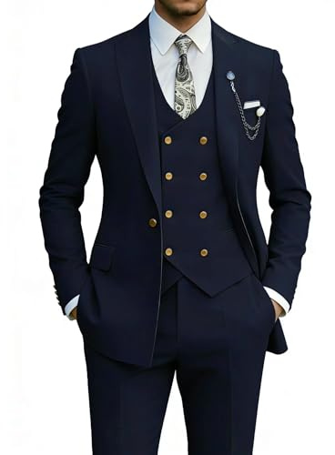 Wehilion Mens Tuxedo Double Breasted Slim Fit Men Suit Navy Blue M/4034