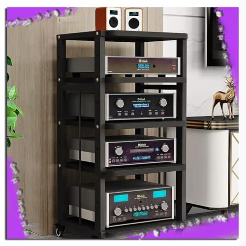 ZIUSFAC Audio-/Video-Regal Medienständer Mit Bremsrad Audio-Turm Audio-Rack Verstellbare Ständer Record Player Stand Eck-Audio-Tower Für Stereoanlage(Black+Black,5 Tier)