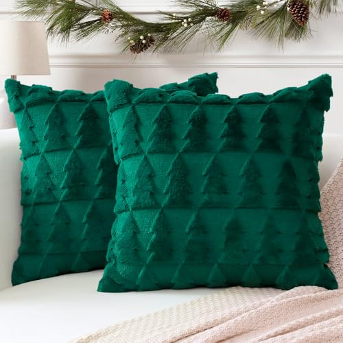 Artscope 2er Set Wolle Kissenbezüge Weicher Plüsch Kurzer Wollsamt Dekokissenbezuge Sofakissen Europäische Kissenhülle für Sofa Schlafzimmer Weihnachtsbaum Grün, 40x40cm