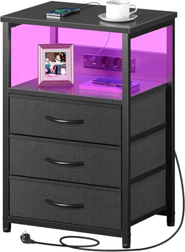 Rolanstar Nachttisch mit Ladefunktion & LED, Sofatisch mit 3 Stoffschubladen, USB-Anschlüssen & Steckdosen, Beistelltische für Wohnzimmer, Schlafzimmer, 40 x 30 x 60 cm