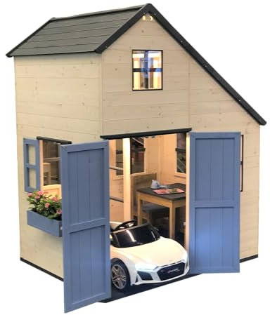 Wendi Toys M33R Mansion Playhouse with Garage, 2-Story Wooden House for Kids, 120x155x200 cm, Red – Eco-Friendly Playhouse for Outdoor Fun, Easy Assembly, Durable Backyard Play Structure