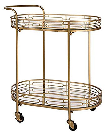 CWCQGH Carrello portavivande Ovale in Oro con Ruote, Servizio da tè e Vino, con Piano in Vetro specchiato in Metallo a 2 Livelli, Carrello portaoggetti da Cucina