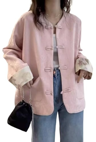 NCDUANSAN Chinese button up suit, retro embroidered style top, women's temperament spring and autumn standing collar jacket (pink,Large)