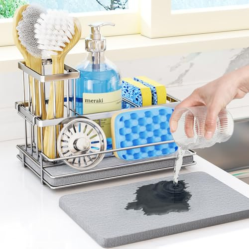 HapiRm Kitchen Sink Caddy Black - Sponge Holder with Instant Drying Stone | Self Draining Sink Caddy, Rustproof 304 Sink Organiser, Instant Dry Sponge Holder for Kitchen Sink, Sink Tidy for Countertop