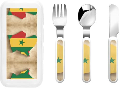 Carte du drapeau du Sénégal avec imprimé étoile verte Argenterie avec boîte de rangement, couverts sûrs, ensemble d'ustensiles, cuillères, fourchettes, couteau, acier inoxydable