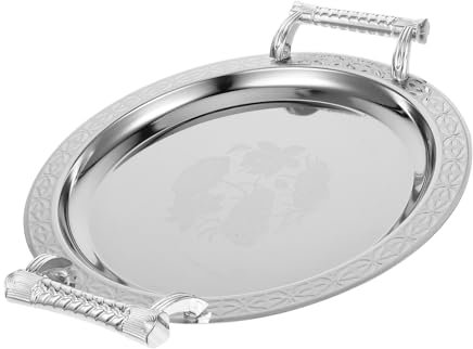 BEBEMOKO European Style Round Dessert Serving Tray Silver Pattern 28cm, Candy and Snack Storage Plate for Home, Hotel, and Buffet Use