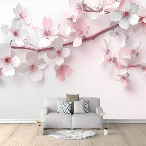 Papel tapiz panorámico 3D 250 x 175 cm Papel tapiz no tejido para Salón dormitorio infantil decoración Sencillo Ramas De Cerezo En Flor patrón Mural Rosa Claro Papel tapiz de fondo
