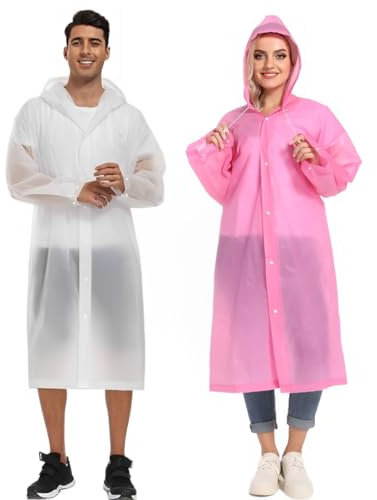 Waterproof Rain Poncho, 2 Pcs EVA Lightweight Reusable Rain Coat Jacket | with Hood and Drawstring, Emergency Portable Poncho for Women Men Family Outdoor Hiking, Cycling, Camping