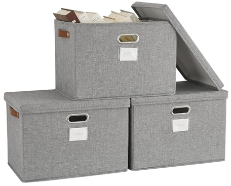 Bagnizer 3PCS Aufbewahrungsbox mit Deckel Faltbare Aufbewahrungsbox Stoff mit 4 Griffen Stapelbare Aufbewahrungsbox mit Deckel groß Aufbewahrungsboxen für Kleiderschränke und Regale Grau 43x30x30cm