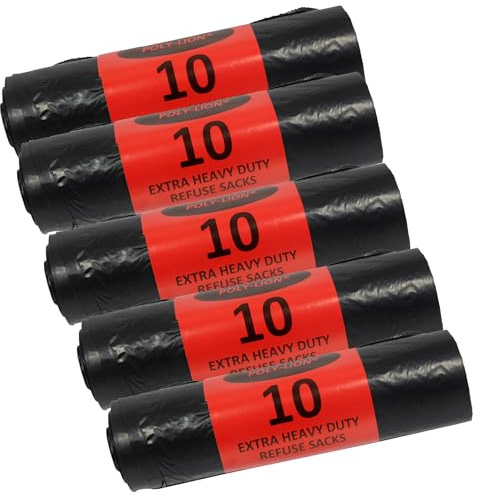 Poly-Lion Extra Heavy Duty Black Bags – Refuse Sacks 18x29x34 – 30 Micron Thick – Strong Bin Liners for Commercial & Home Use | 10 Bags per Roll, 5 Rolls