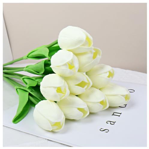 Hrlace Künstliche Tulpen PU Real Touch Latex Gefälschte Tulpen-Blumen Blumensträuße Tulpenstrauß Echte Kunstblume Tulpe für Dekor Hochzeit Hause Wohnzimmer Büro Party Milch - Weiß 10 Stück
