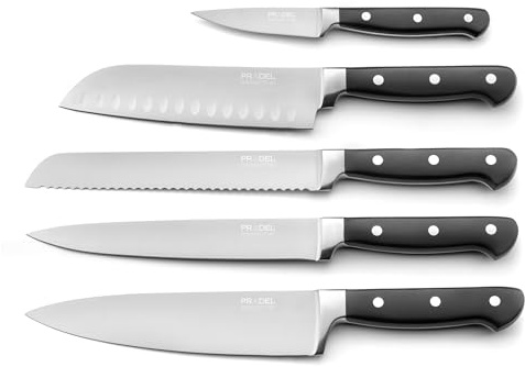 Pradel Essentiel Blason Set de 5 couteaux de cuisine en Acier 13C, Noir | Set de 5 couteaux de cuisine (Office, Chef, Santoku, Découper, Pain), Acier inox 13C, Finition satinée