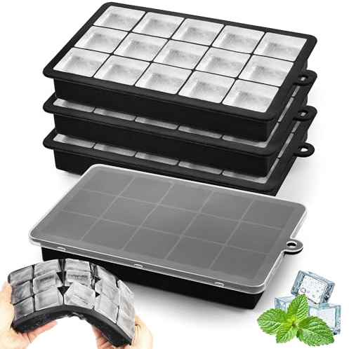 Leseed Lot de 4 Bac a Glacon Silicone, 15 Compartiments Glacons Moule, Démoulage Facile, Bac à Glaçons avec Couvercle pour Cocktails, Whisky, Vin, Café, Purées de Fruits, Glaces