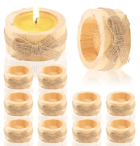 Kerzenhalter Holz, 12Pcs Rund Teelichthalter Natur Holz, mit Schleifenform | Vintage Kerzenständer für Halloween, Hochzeiten, Weihnachten, Valentinstag, Heimdekoration, Geburtstag (Khaki)