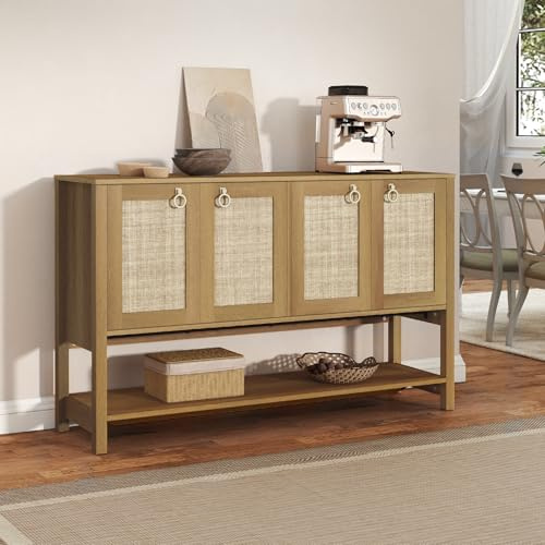 LubanNese 55 Rattan Sofa Console Table, Boho Wood Entryway Storage Cabinet with 4 Doors & Adjustable Shelf, Multifunctional Coffee Bar Sideboard Buffet for Kitchen, Dining Room, Living Room