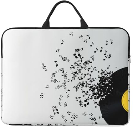 Disco in vinile strappato e note musicali che volano nell'aria, Custodia per laptop da 14 pollici, borsa per notebook, custodia per laptop, valigetta con maniglia