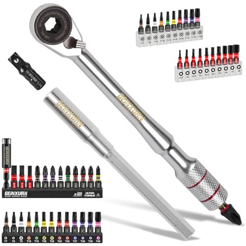 GEINXURN 50 Pièces Mini Jeu de Clés à Cliquet,Rallonge avec Adaptateur de Douille Hexagonale 1/4, 46 Pièces 25 mm Acier S2 jeu d'Embouts Magnétiques(Phillips/Pozidriv/Torx/Hex) et Porte-Embout