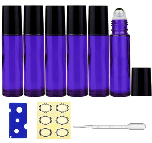 Alledomain 6Pcs, 10ml Roller Bottles for Essential Oils Empty Purple Glass Roll on Bottles with Stainless Steel Roller Ball & Gold Lid & Bottle Opener, Perfect for Aromatherapy, Fragrance for Travel