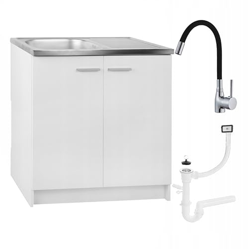 Spülenschrank Küchenschrank 80cm Weiß Spüle Abtropf Armatur Schwarz Elastisch XXL Standschrank 46cm Tiefe Siphon Geschirrspüler Komplett Montagefertig
